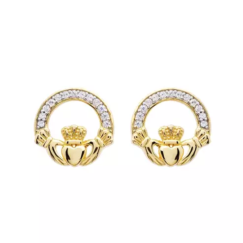 14KT Gold Vermeil Claddagh Earrings Studded with White Cubic Zirconias