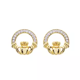 14KT Gold Vermeil Claddagh Earrings Studded with White Cubic Zirconias