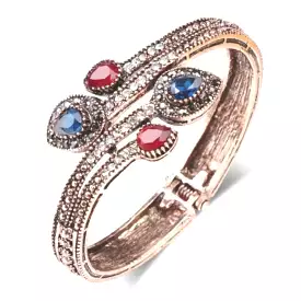 Antique Gold Bangle Bracelet with Red and Blue Stones