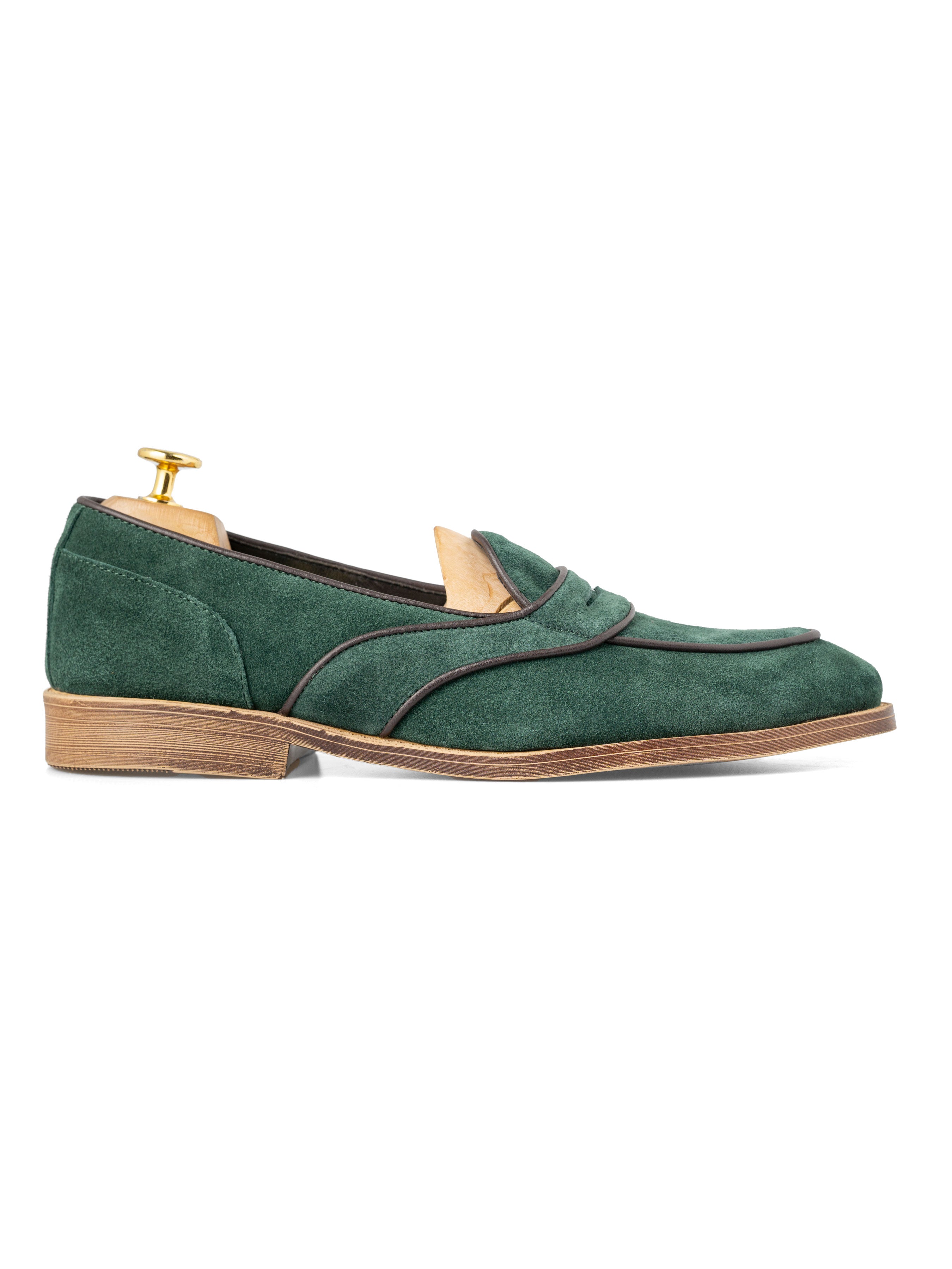 Belgian Loafer - Emerald Green Suede Leather With Penny Strap Piping (Flexi-Sole)