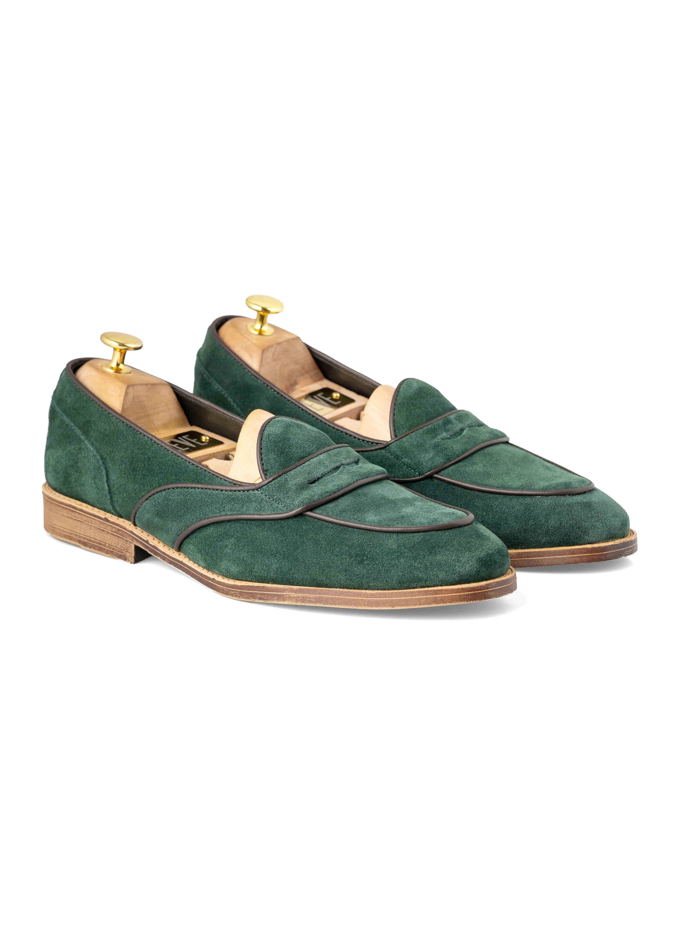 Belgian Loafer - Emerald Green Suede Leather With Penny Strap Piping (Flexi-Sole)