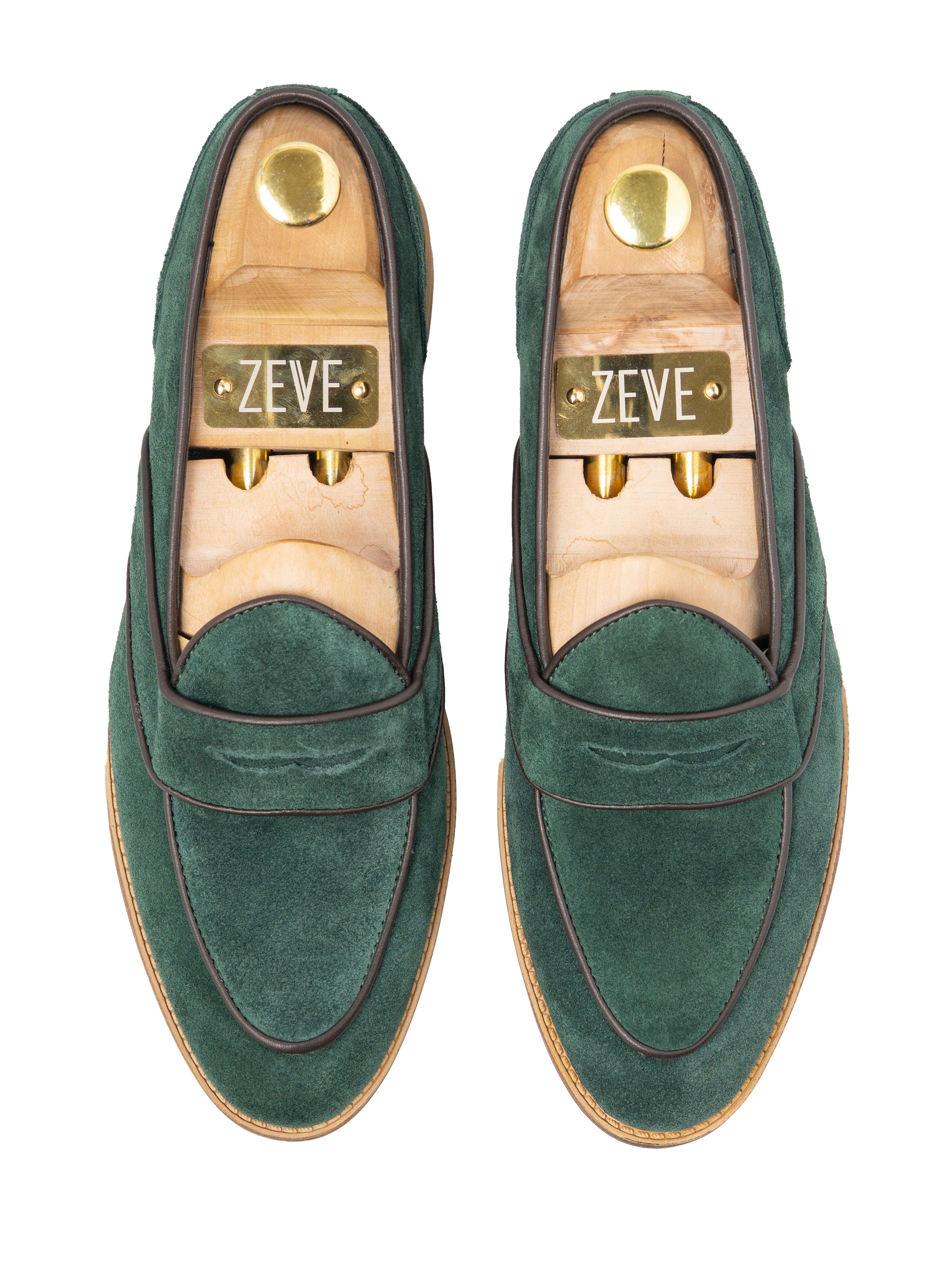 Belgian Loafer - Emerald Green Suede Leather With Penny Strap Piping (Flexi-Sole)