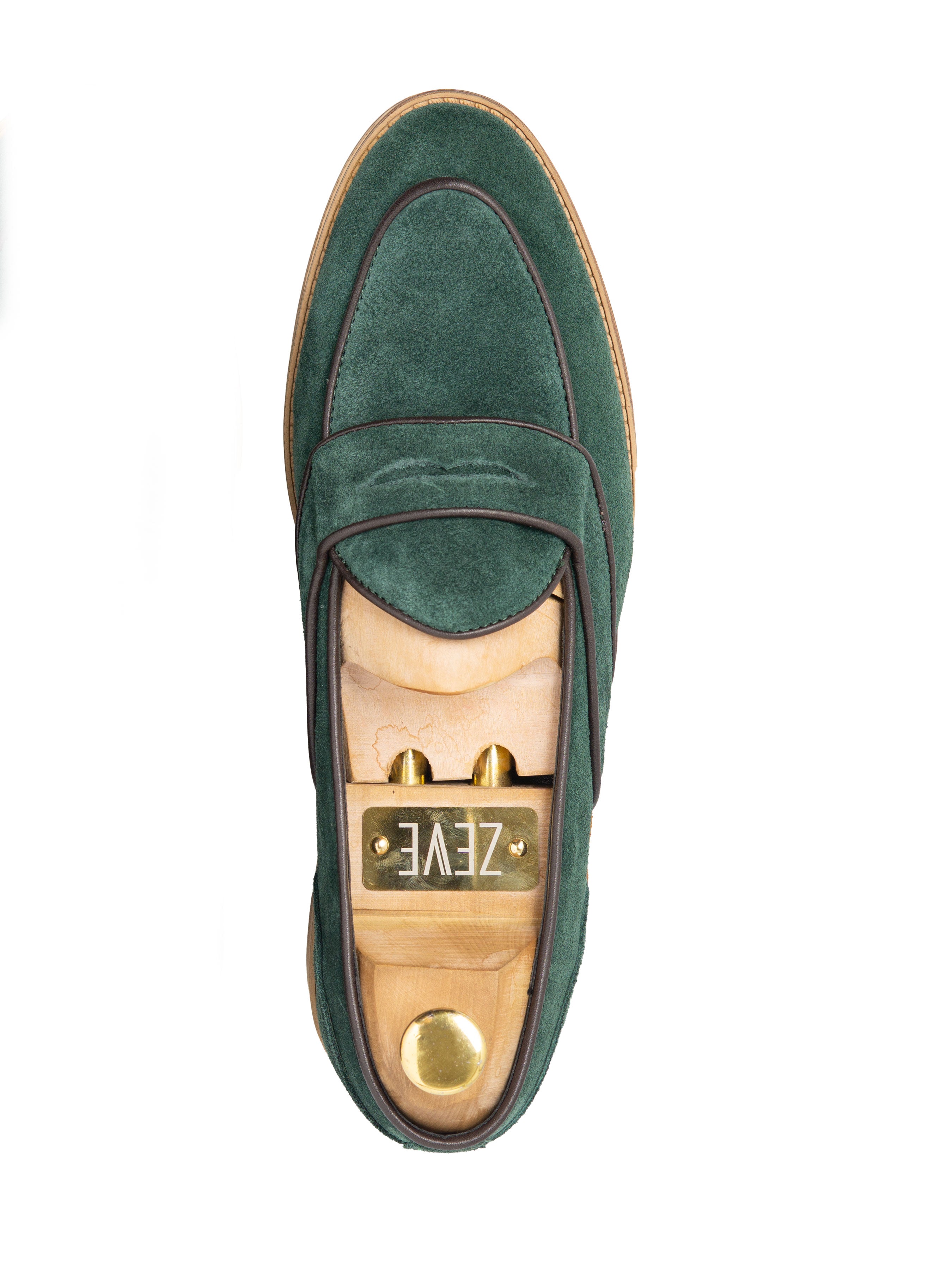 Belgian Loafer - Emerald Green Suede Leather With Penny Strap Piping (Flexi-Sole)