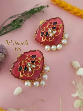 Brick Red  Stone Studded Designer Earrings with Pearl Hangings-SONA001JBRE