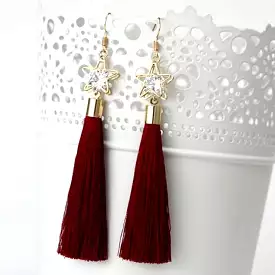 Burgundy Tassel Earrings with Gold Star and Crystal