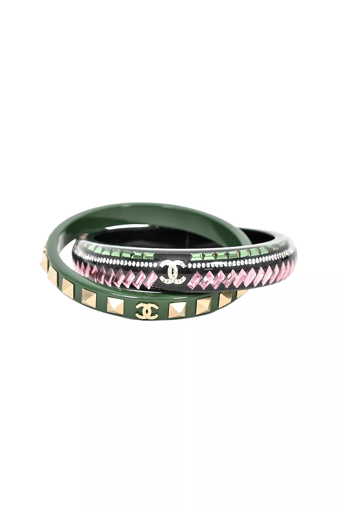 Chanel Green/Black/Pink Resin Bangle Bracelet Set w/ Gold Studs