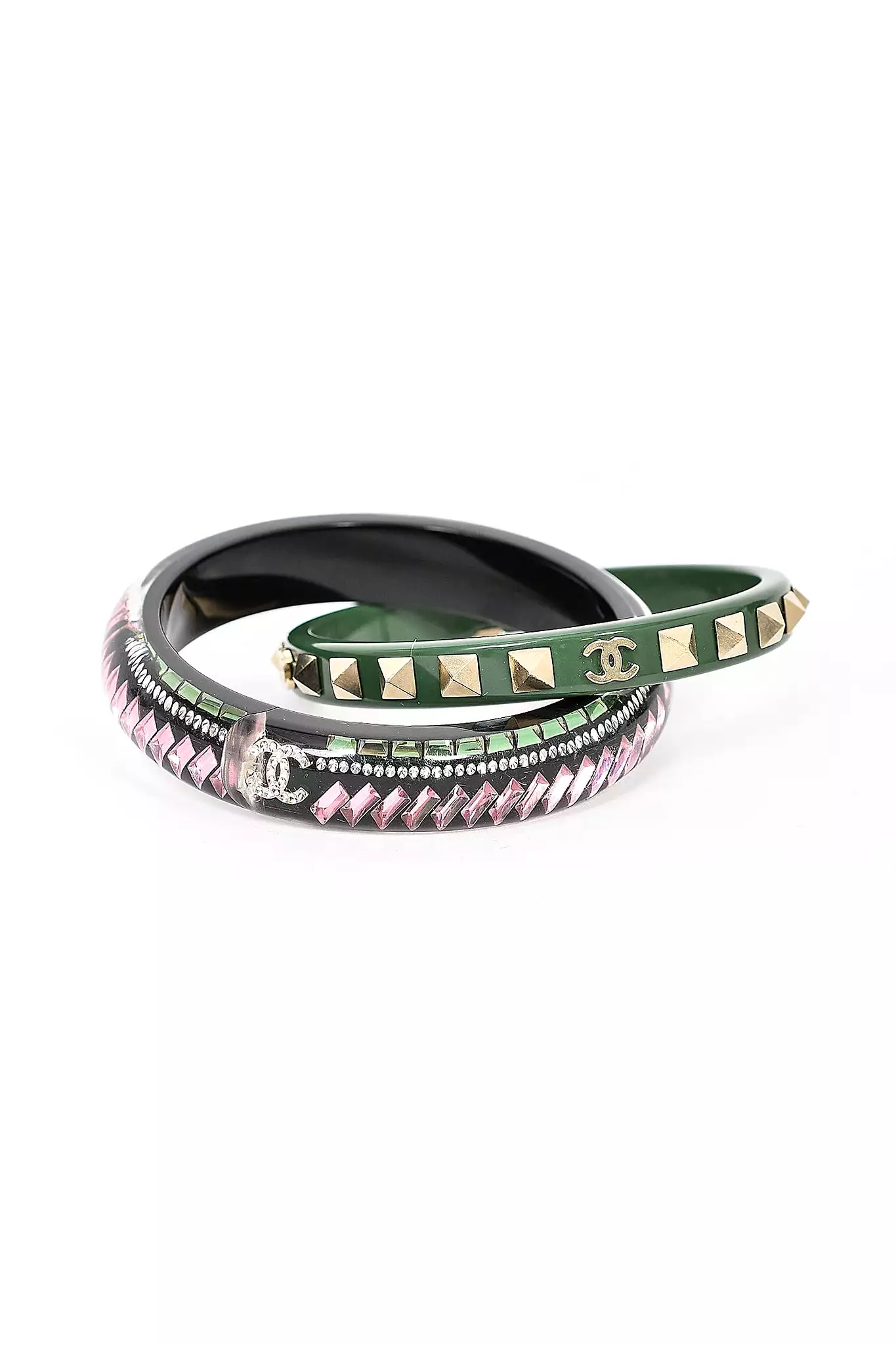 Chanel Green/Black/Pink Resin Bangle Bracelet Set w/ Gold Studs