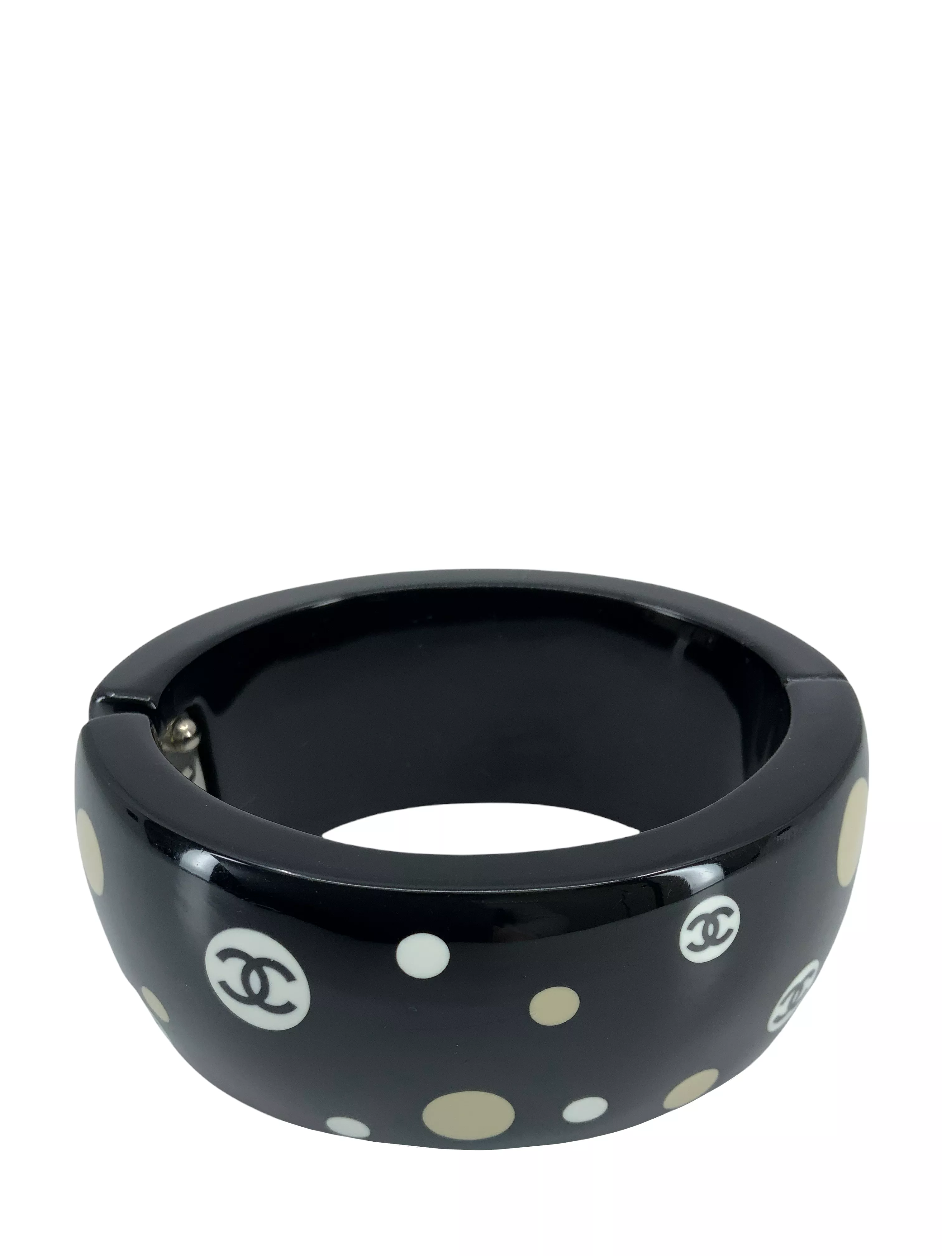 Chanel Resin CC Logo Polka Dot Wide Bangle Bracelet