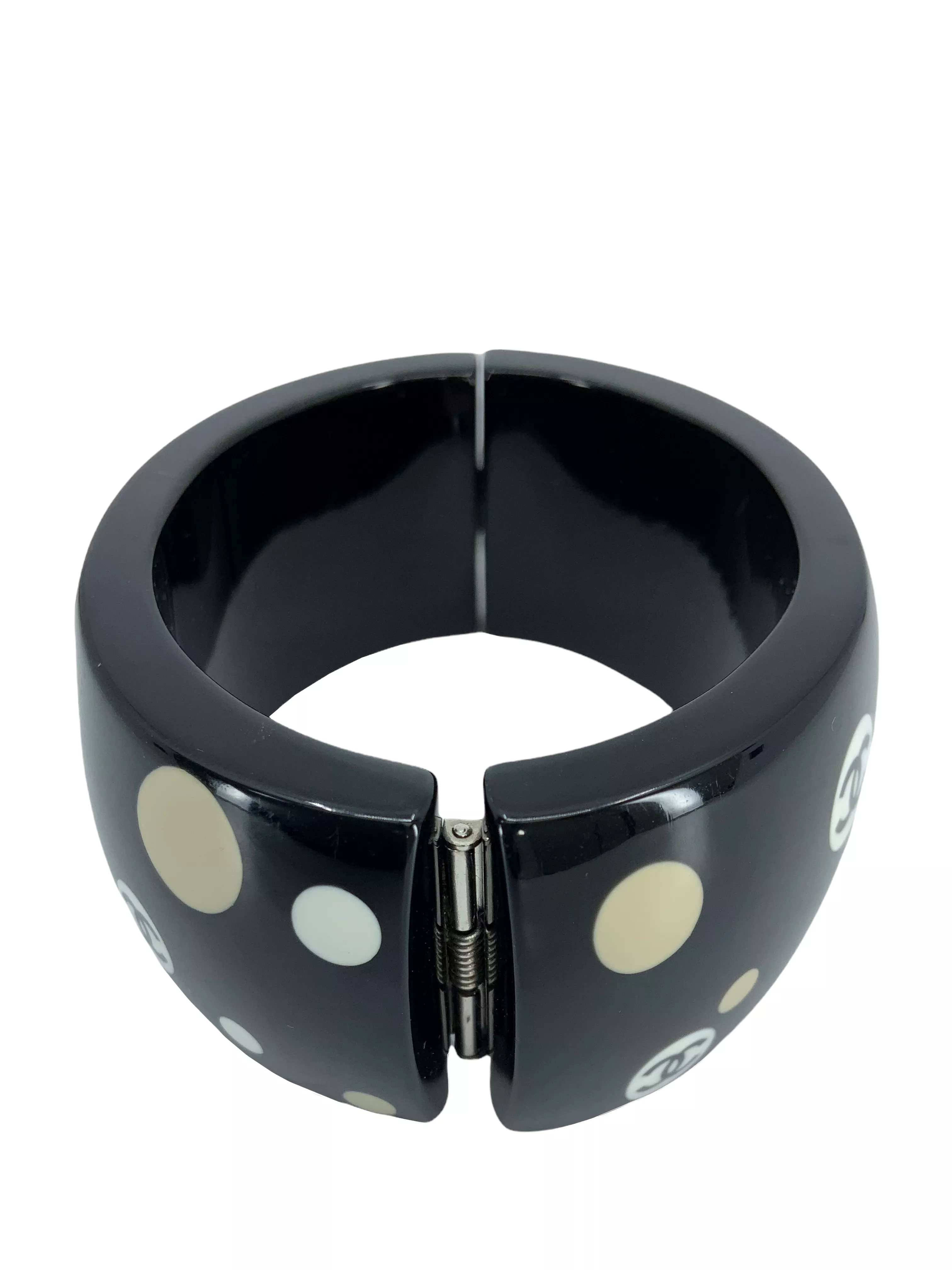 Chanel Resin CC Logo Polka Dot Wide Bangle Bracelet