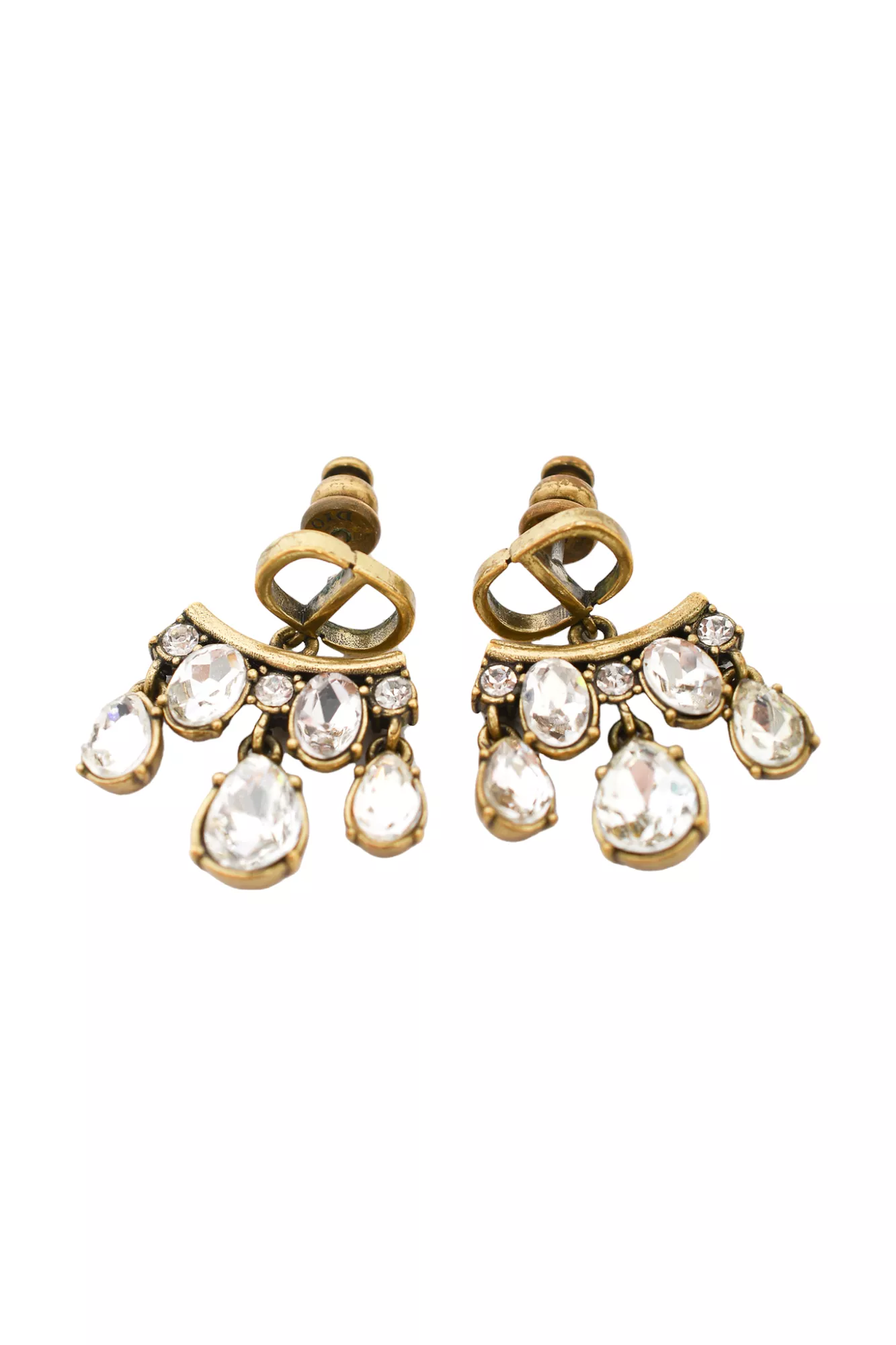 Christian Dior Antique Gold Toned CD Stud Earrings with Multi Crystal Drop