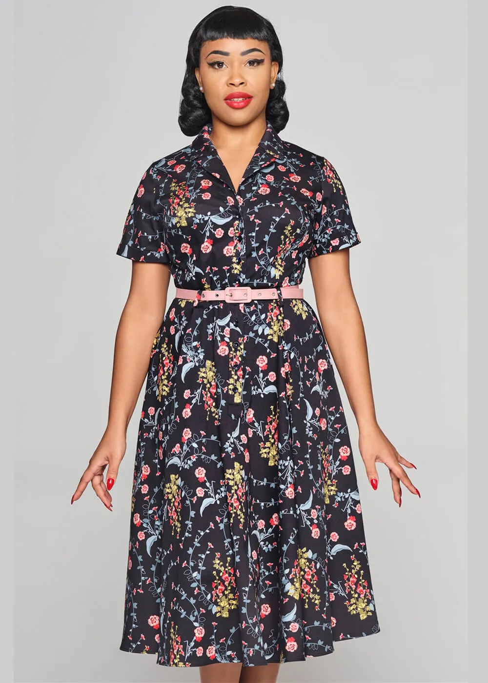 Collectif Caterina Hollyhocks Hooray Cherryblossom 40's Swing Dress Navy