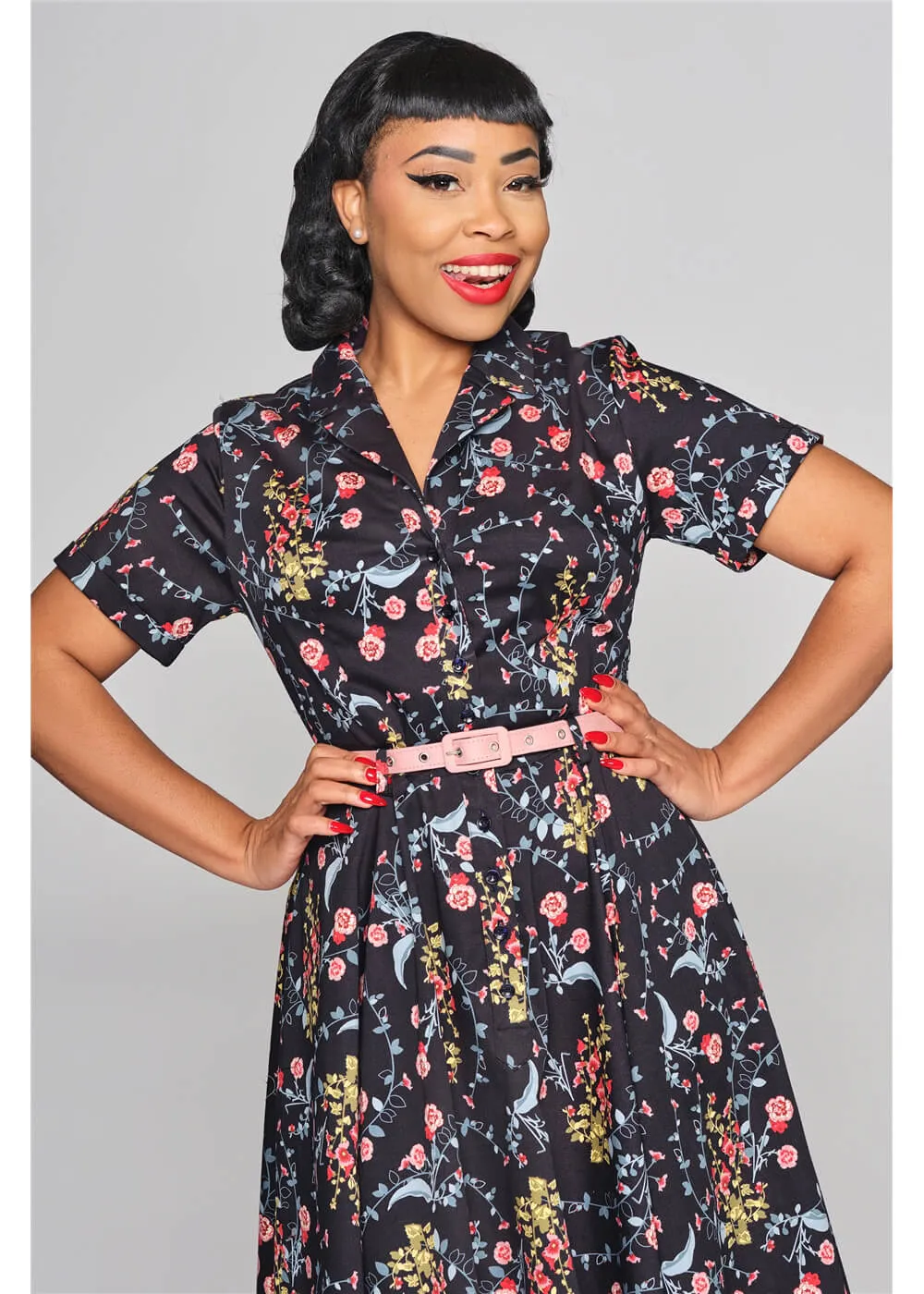 Collectif Caterina Hollyhocks Hooray Cherryblossom 40's Swing Dress Navy