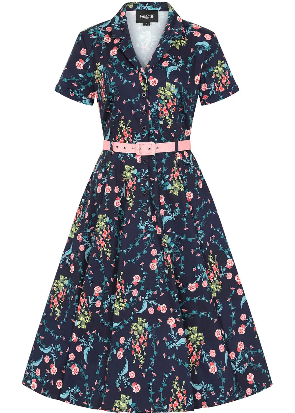 Collectif Caterina Hollyhocks Hooray Cherryblossom 40's Swing Dress Navy