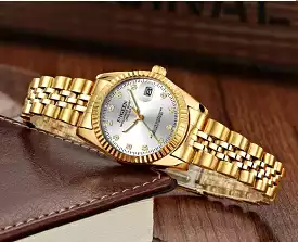 FNGEEN Women Top Brand Luxury Business Watch Waterproof High-end Crystal Gold Watch W412035