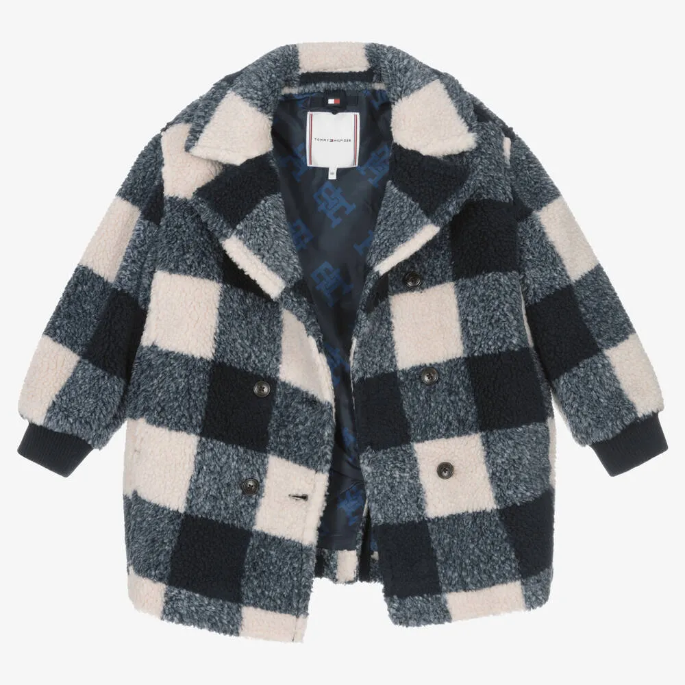 Girls Blue & Ivory Gingham Check Coat