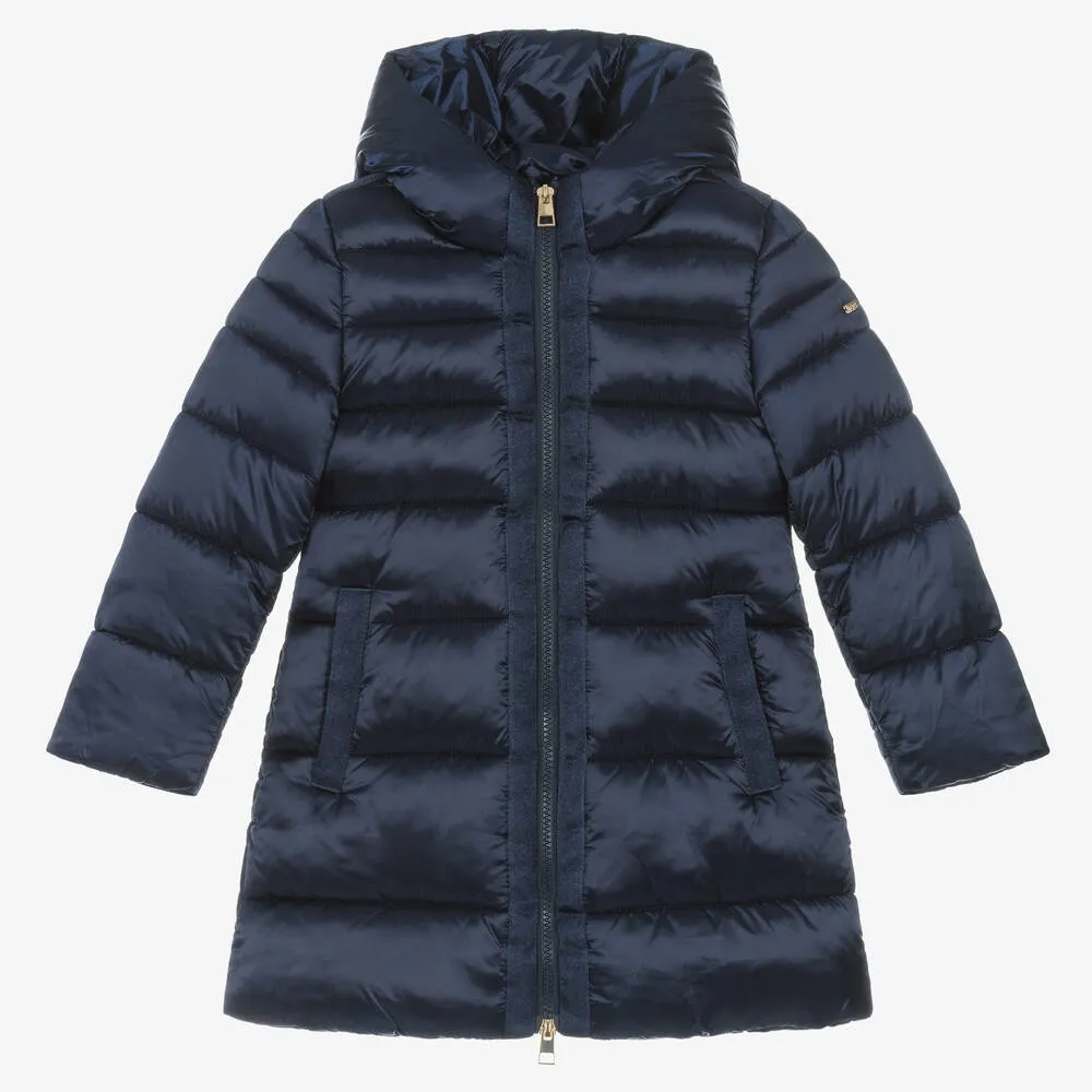 Girls Navy Blue Gooded Puffer Coat