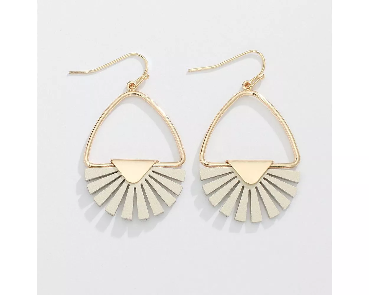 Gold Drops with Beige Leather Cutout Rays Earrings