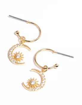 Gold Plated Celestial Huggie Hoop Earrings with Cubic Zirconia