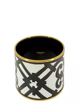 Hermes Monochrome Printed Enamel Gold Plated Extra Wide Bangle Bracelet