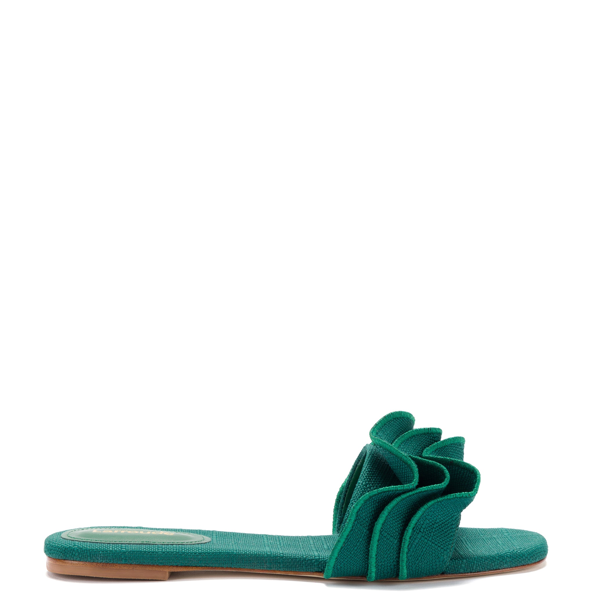 Ivy Ruffle Flat Mule In Emerald Raffia