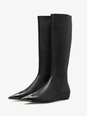 Knee High Boots Black Pointed Toe Flat Knee Length Boots For Woman