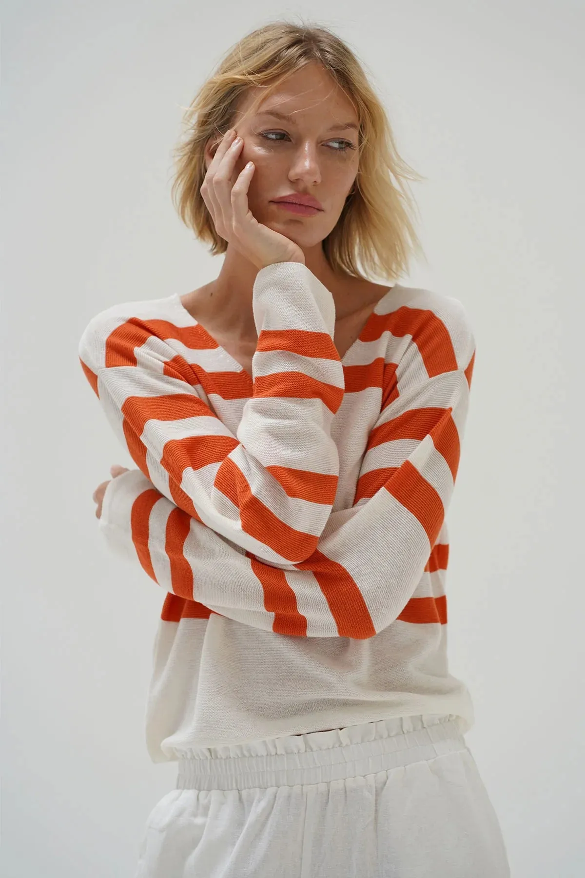 LNA | Lucky Sweater - Coral Ivory Stripe