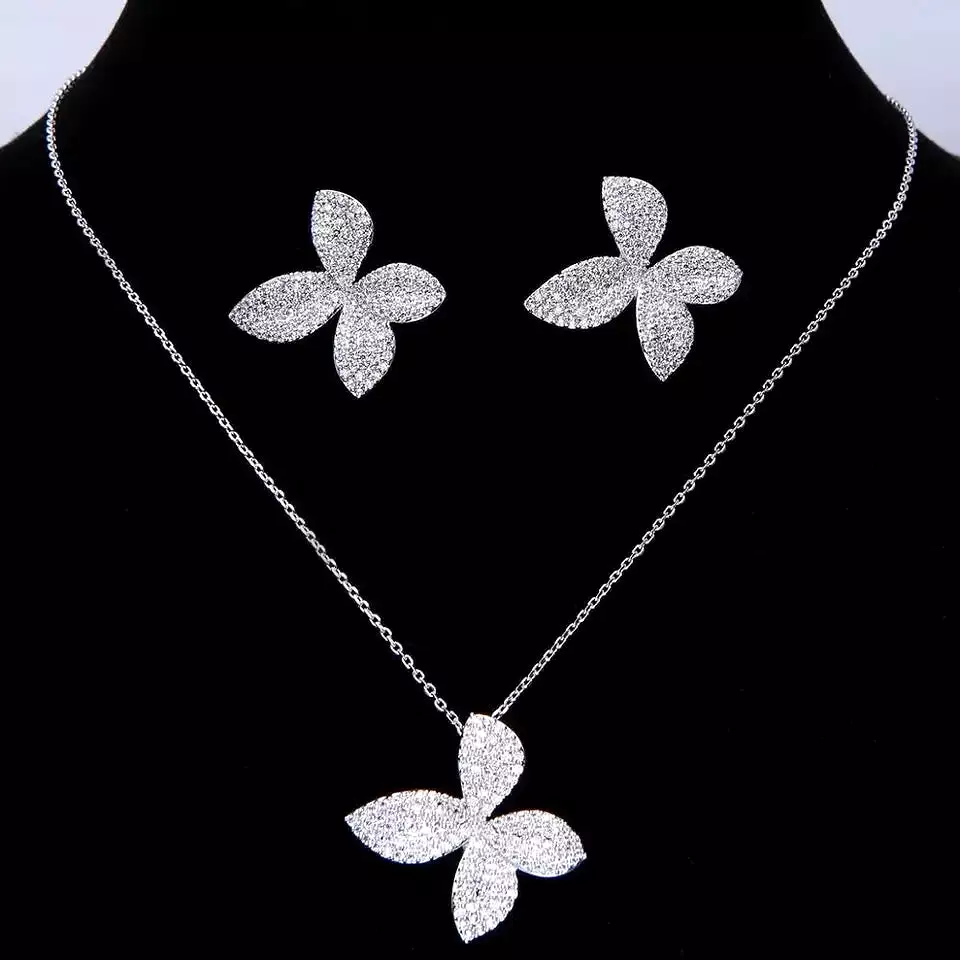 Luxury Micro Pave Setting Cubic Zirconia Leaf Shaped Necklace Earrings S4527574