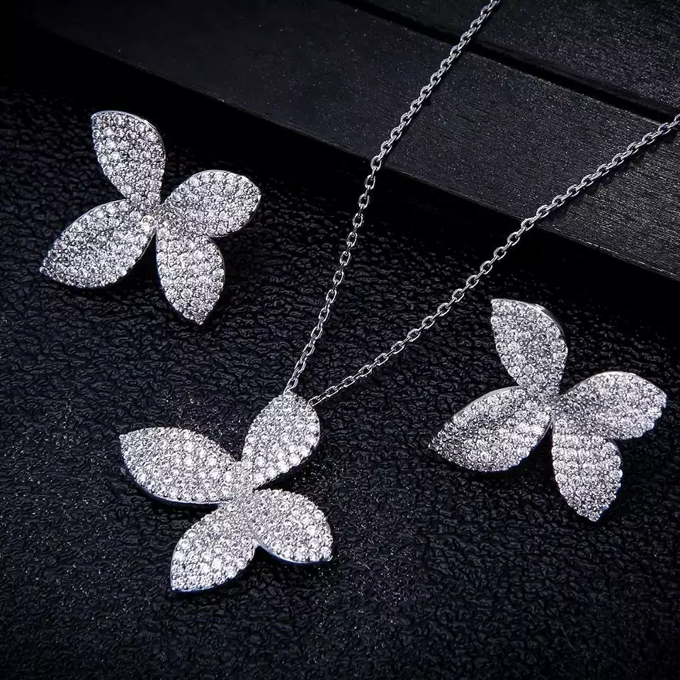 Luxury Micro Pave Setting Cubic Zirconia Leaf Shaped Necklace Earrings S4527574