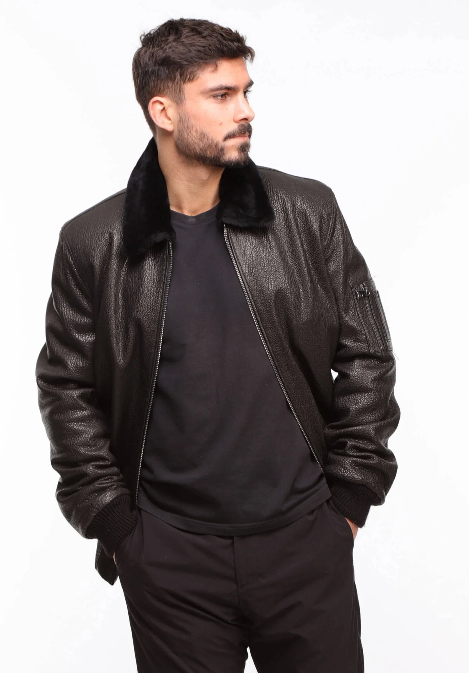 Men's black leather jacket in \patrol\ pilot style