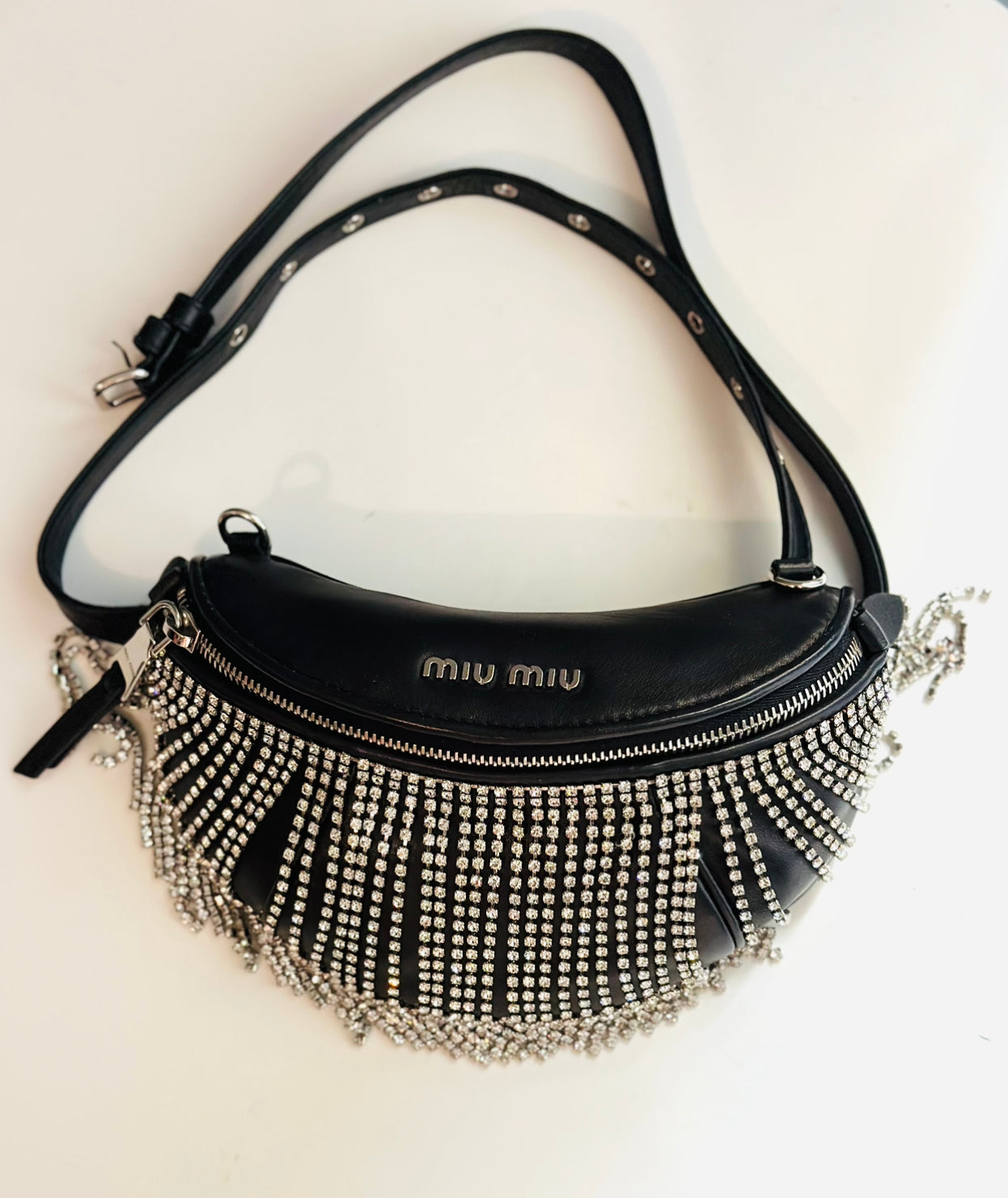 MIU MIU - Black Crystal Fringes Fanny Pack bag