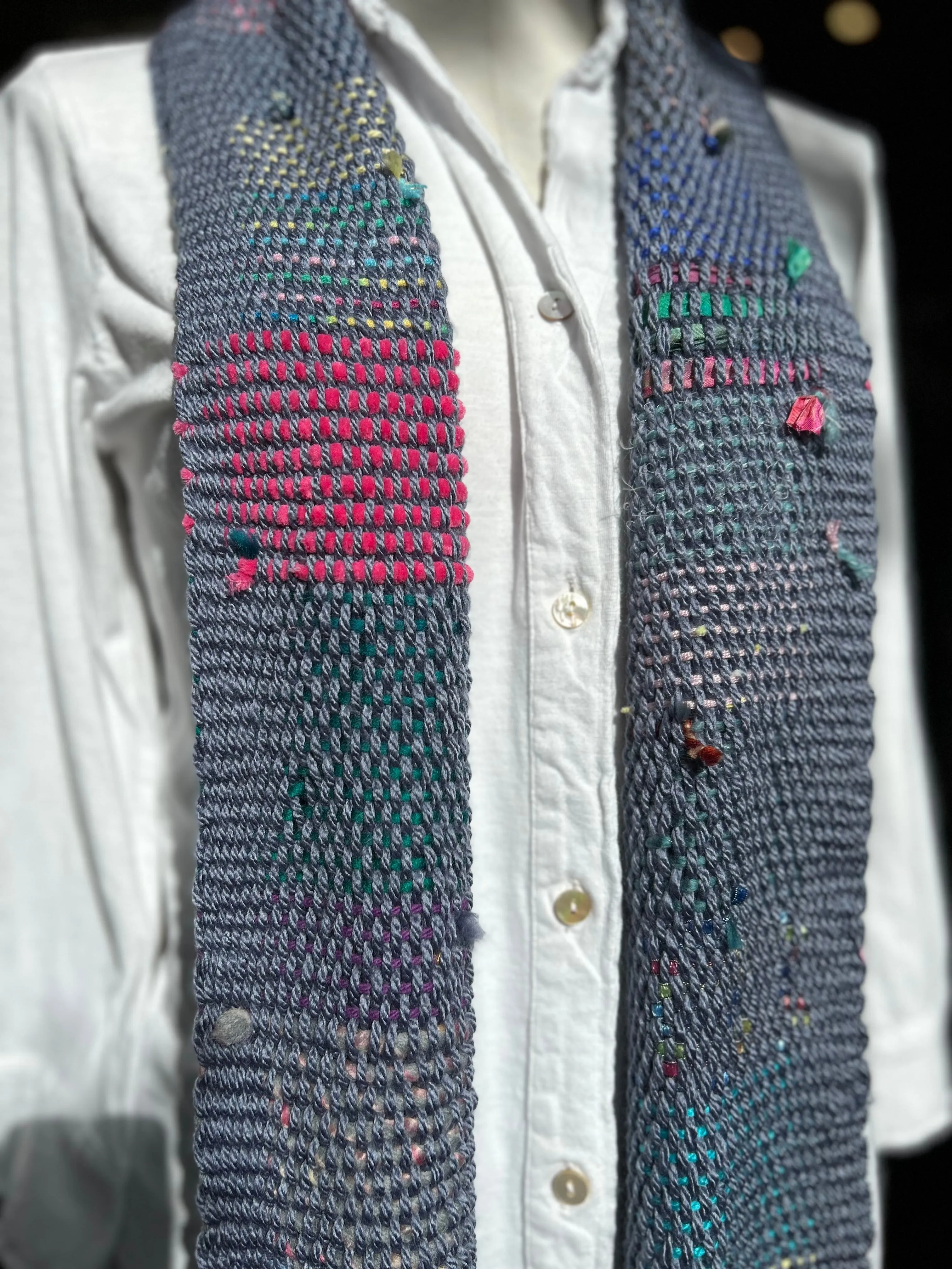 Natalie Reid scarf, narrow hand-woven fiber art