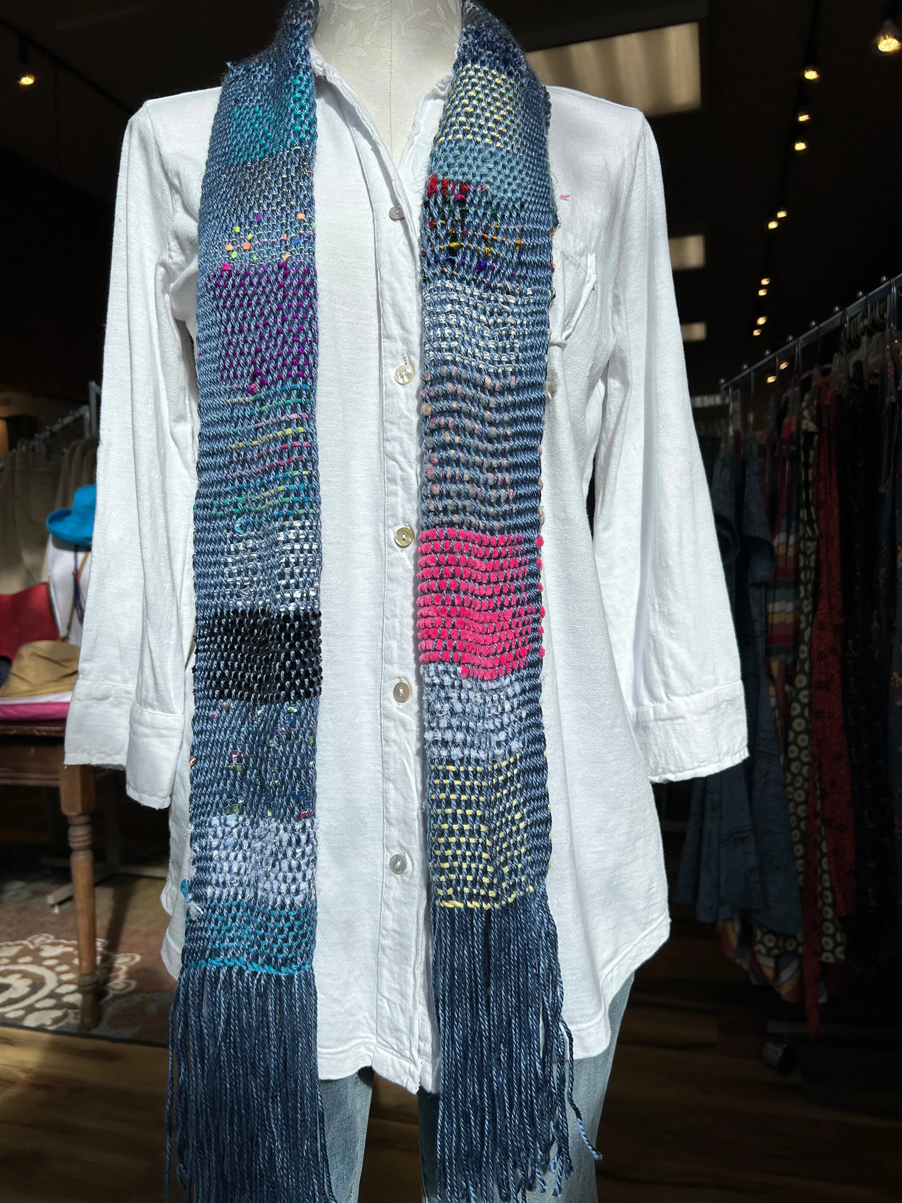 Natalie Reid scarf, narrow hand-woven fiber art