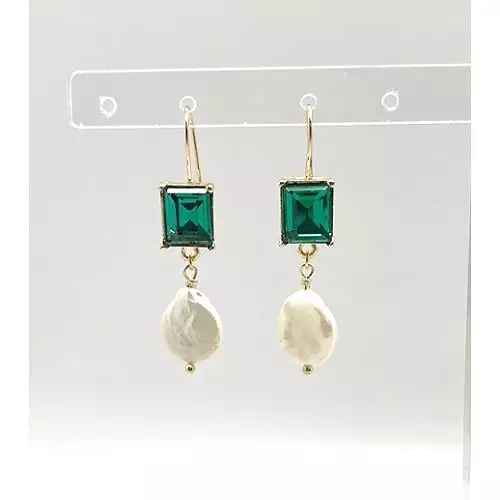 Pearl Drop Earrings With Green Glass Stone