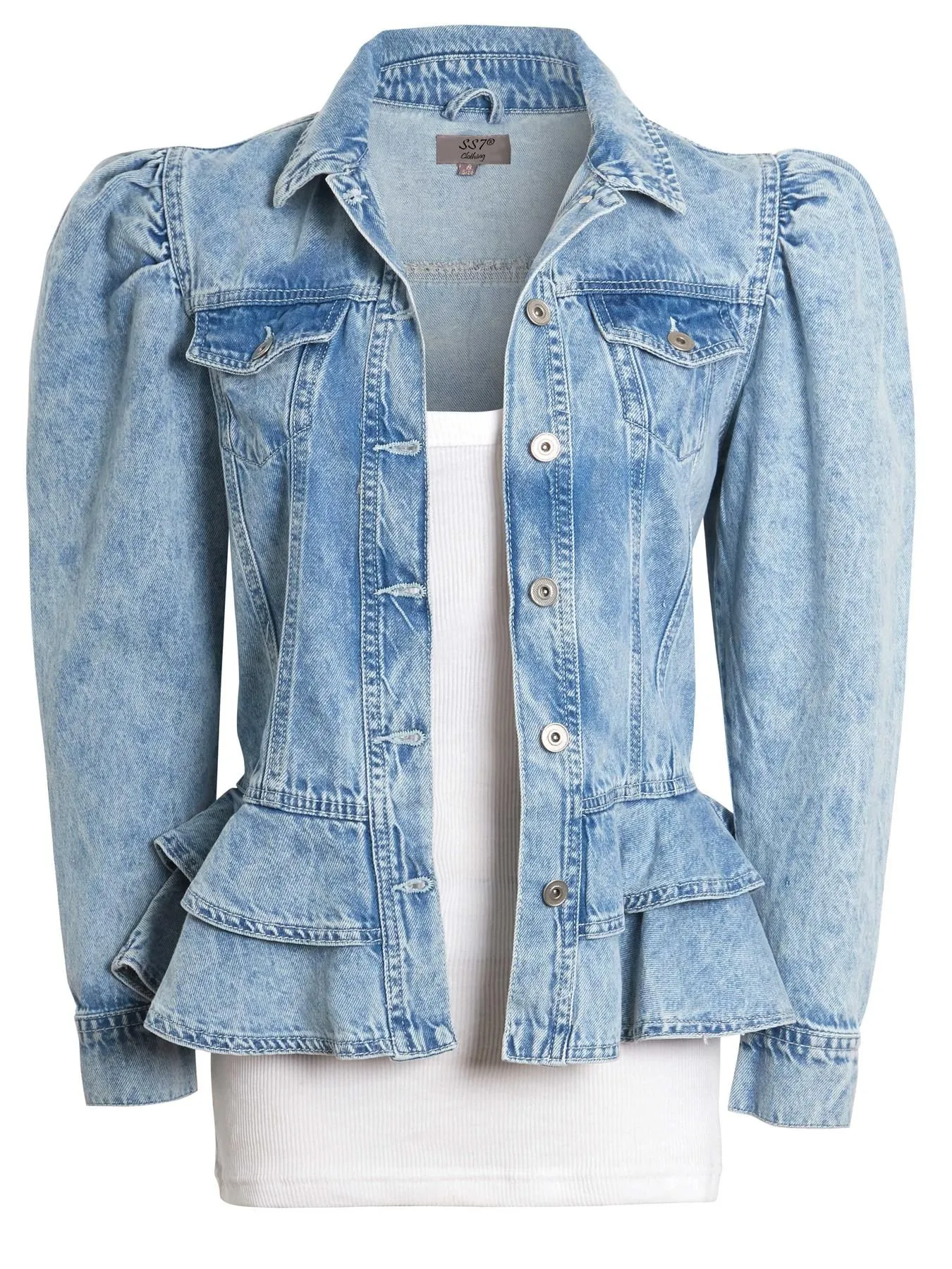 Peplum Denim Jacket with Puff Sleeves, Uk Sizes 6 to 16