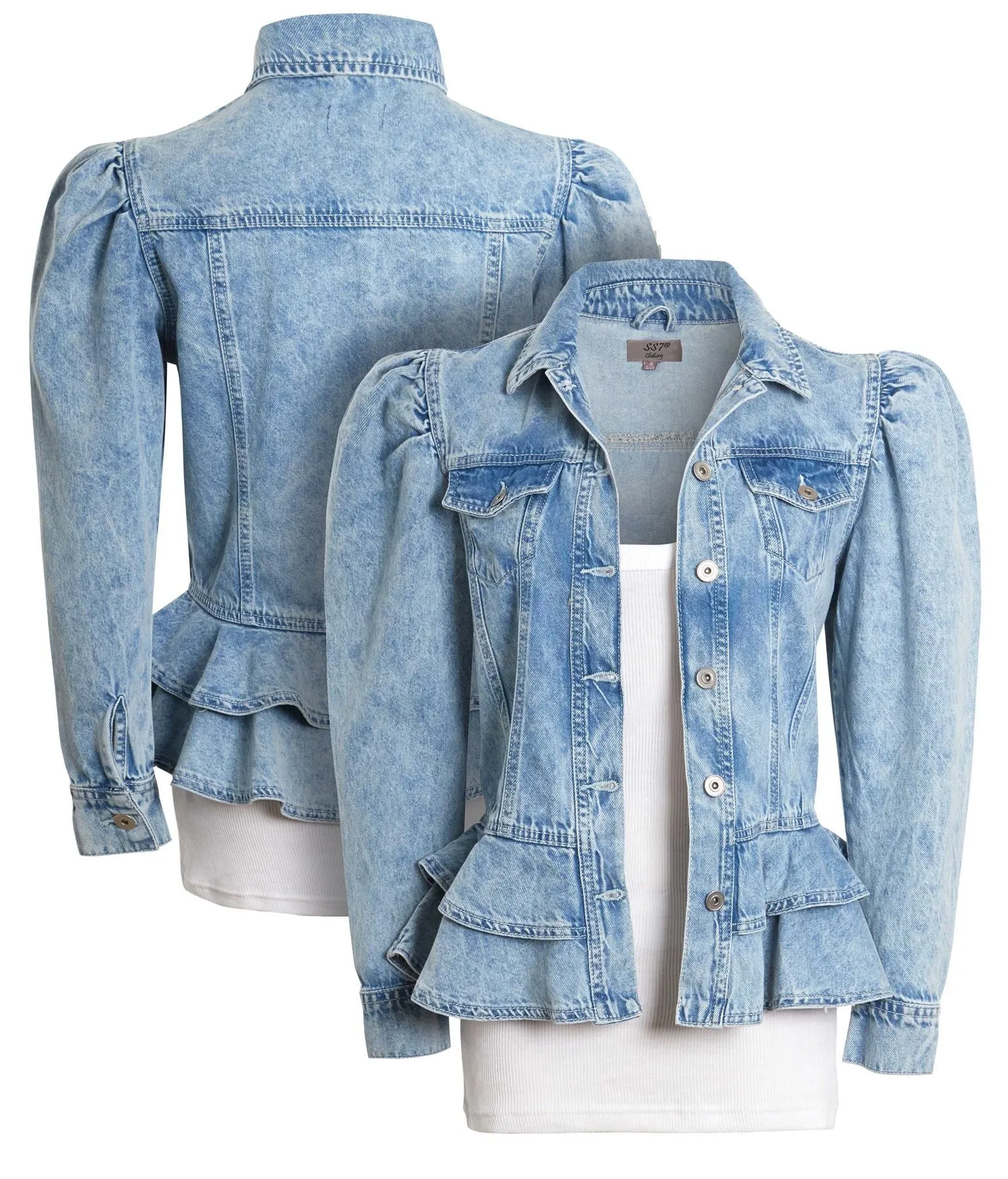 Peplum Denim Jacket with Puff Sleeves, Uk Sizes 6 to 16