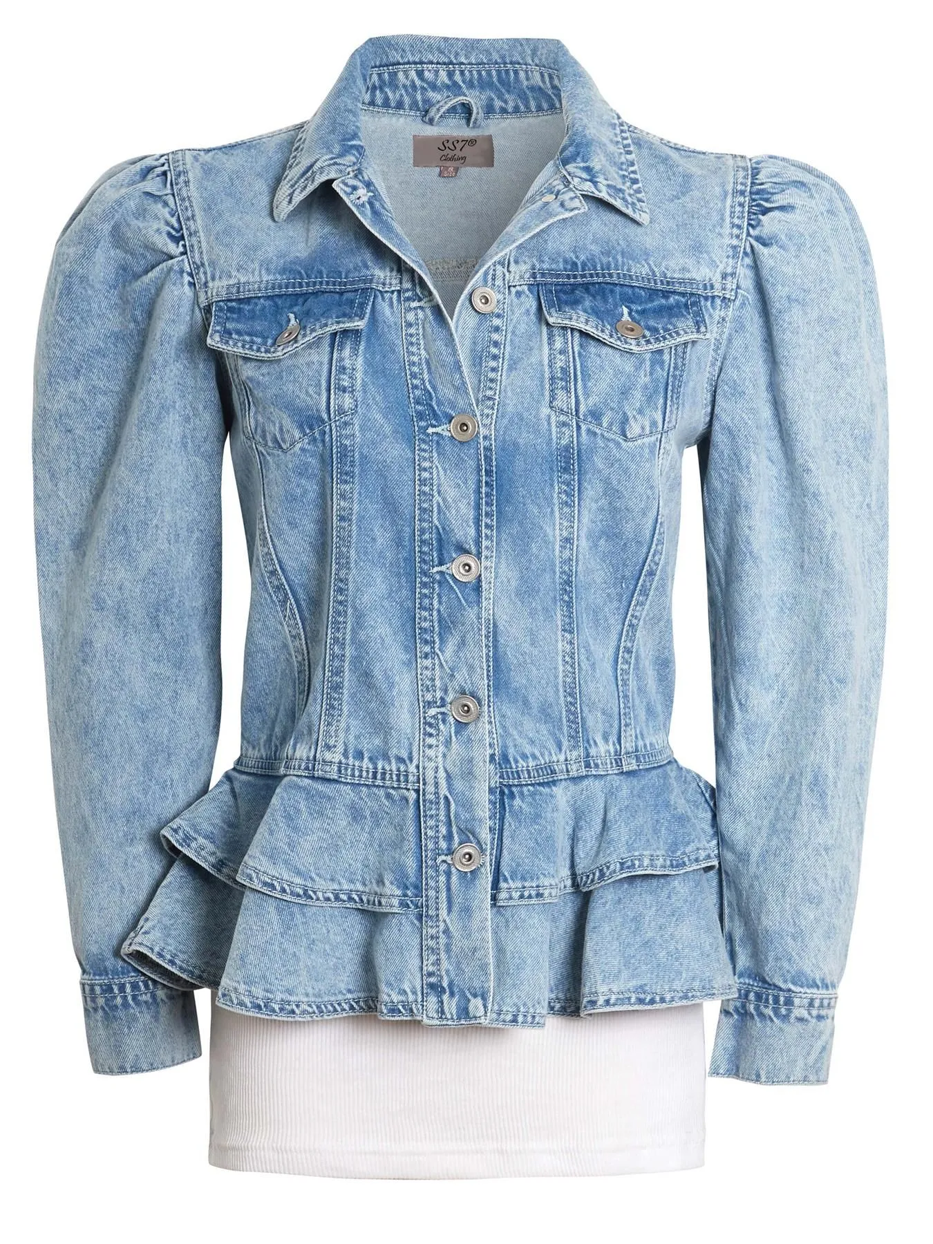 Peplum Denim Jacket with Puff Sleeves, Uk Sizes 6 to 16