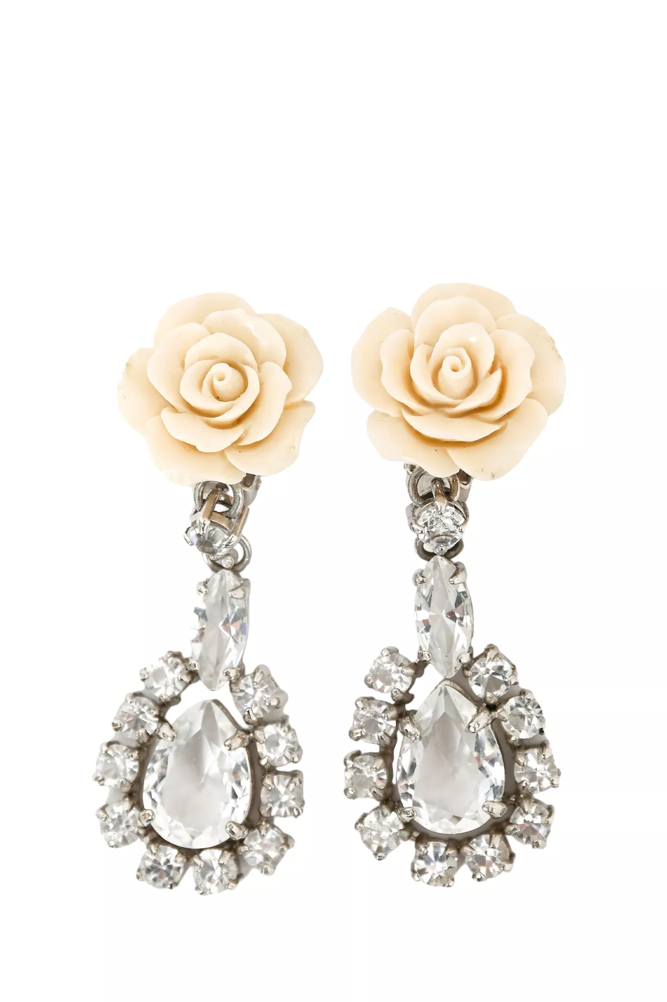 Prada Beige Rose Clip On Earrings with Large Crystal Drop