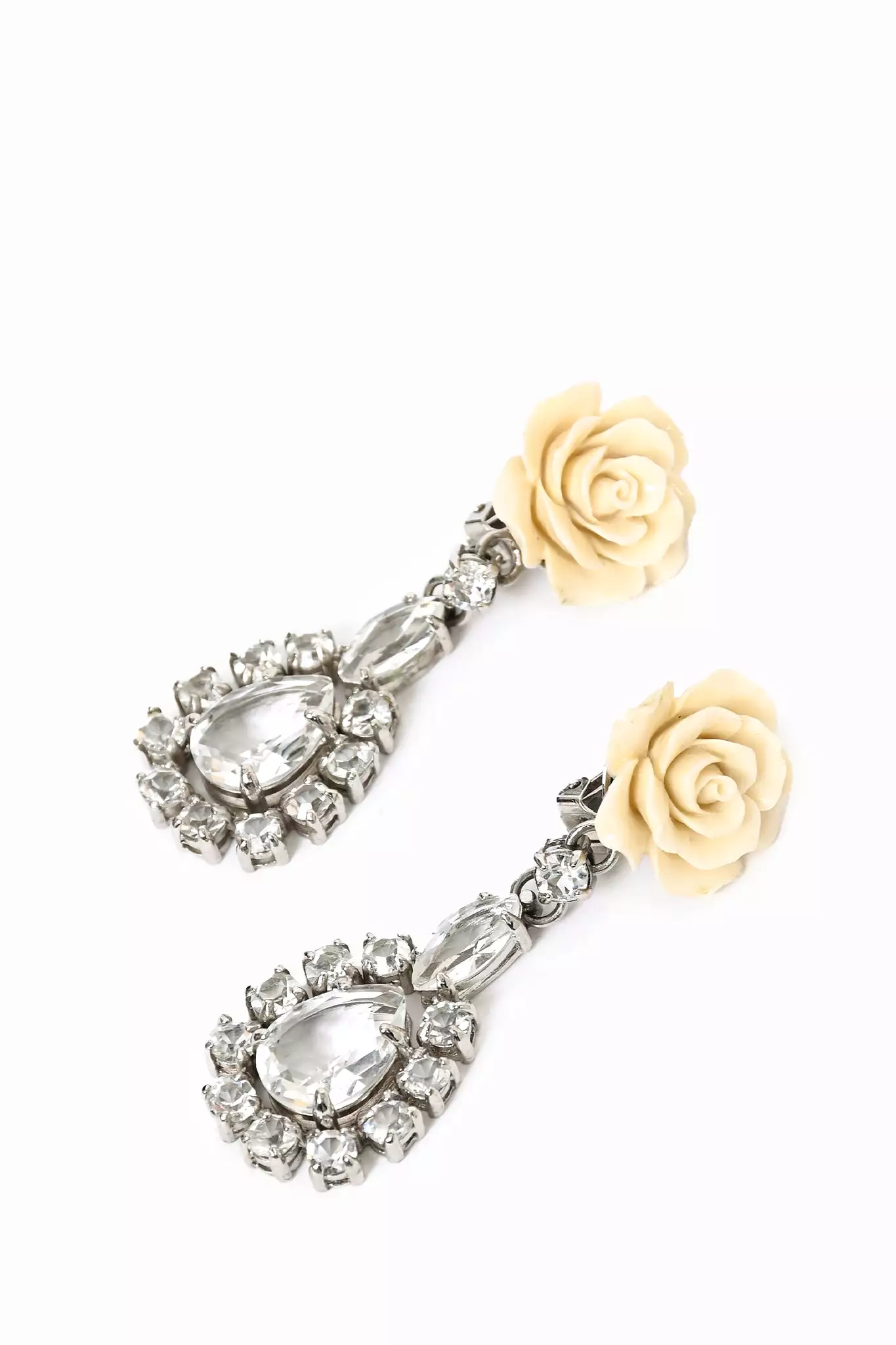 Prada Beige Rose Clip On Earrings with Large Crystal Drop