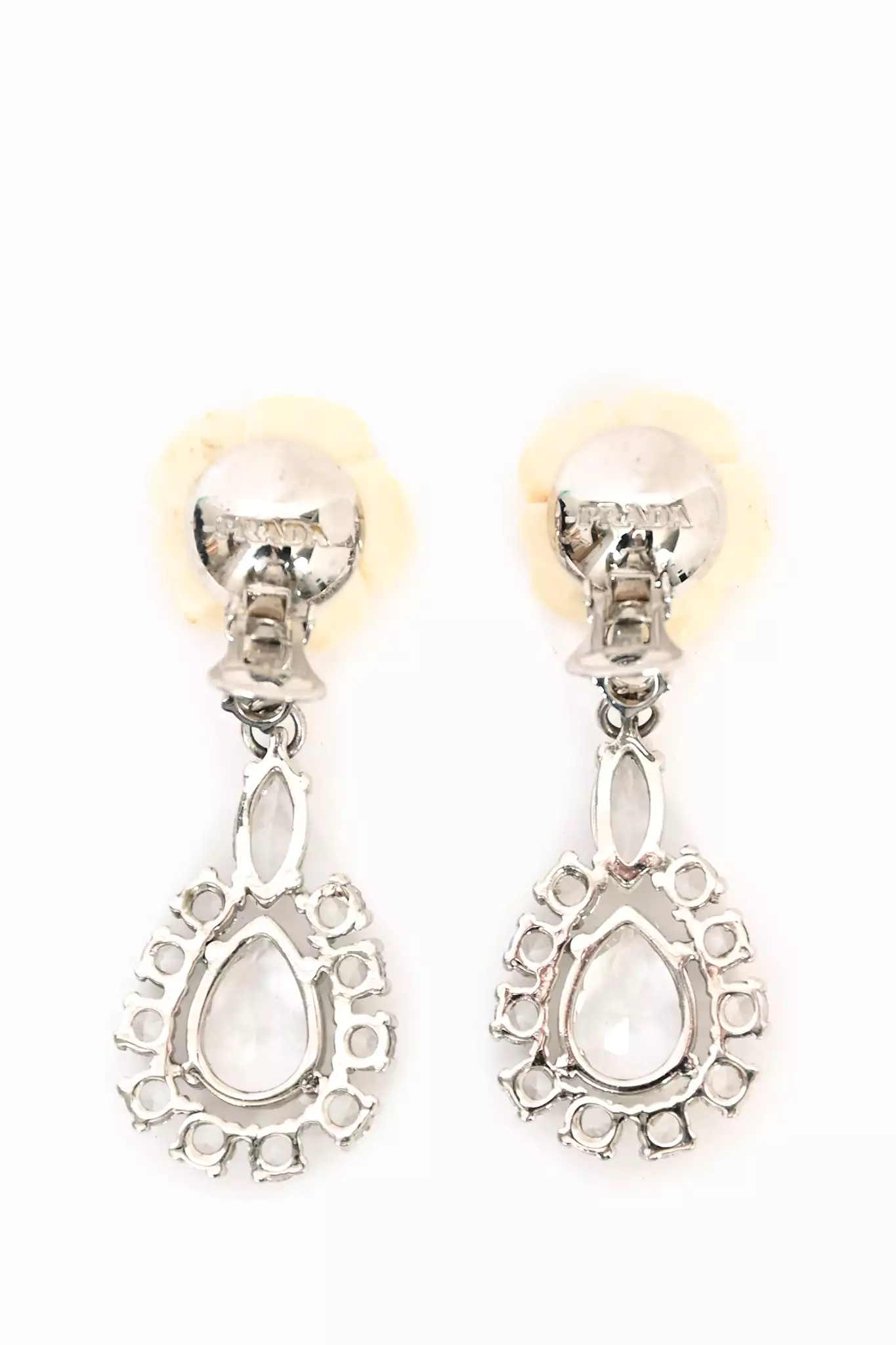 Prada Beige Rose Clip On Earrings with Large Crystal Drop