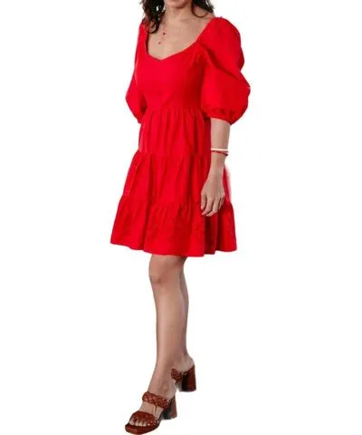 SKIES ARE BLUE Davina Puff Sleeves Fit & Flare Eyelet Dress In Strawberry Red