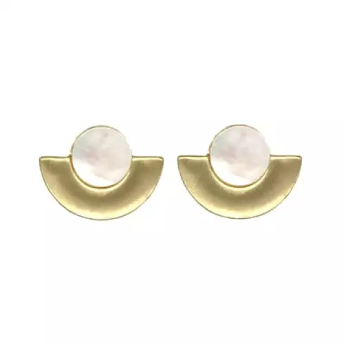 Small fan shape brushed metal earrings with round stone