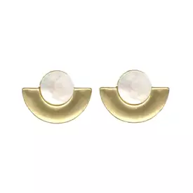 Small fan shape brushed metal earrings with round stone