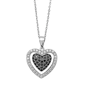 Sterling Silver CZ Black and Clear Heart Necklace