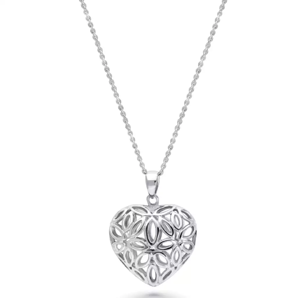 Sterling Silver Filigree Flower Heart Necklace