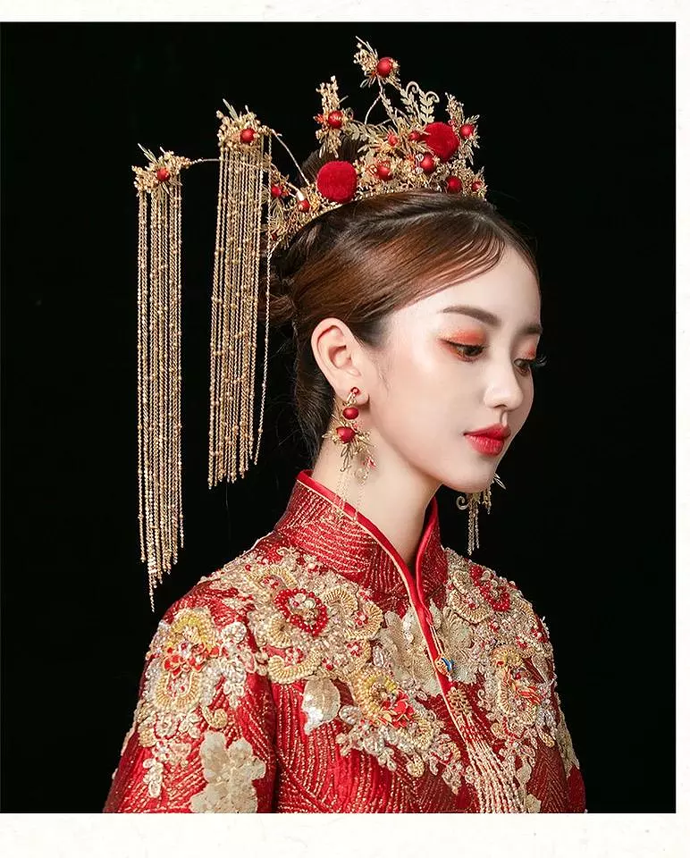 Traditional Chinese Wedding Bride Queen Crown Red Headpieces