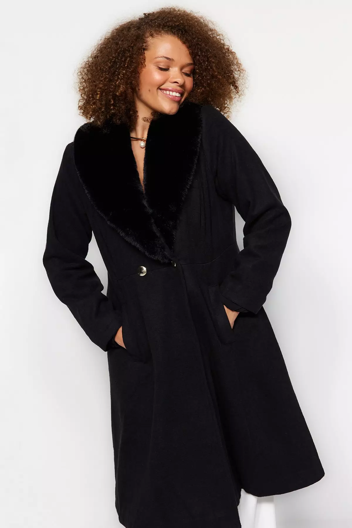 Trendyol Plus Size Fur Collar Coat