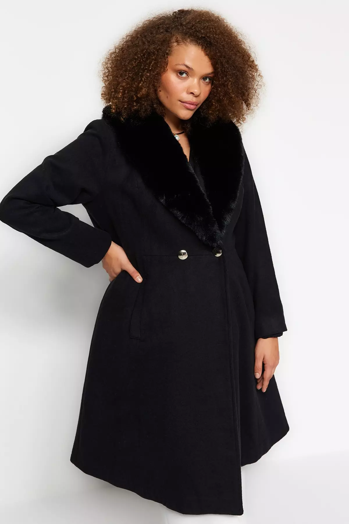 Trendyol Plus Size Fur Collar Coat