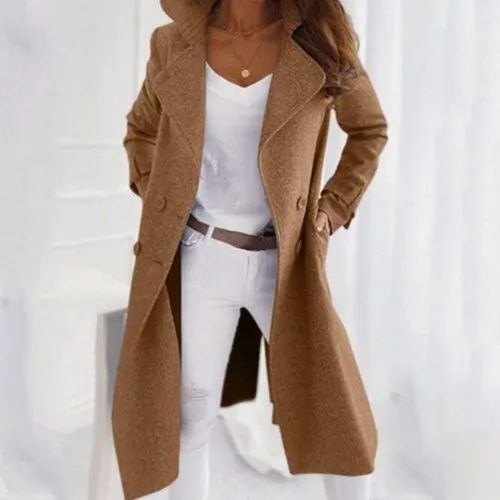 Women's Casual Solid Color Double Breasted Coat Woolen Coat