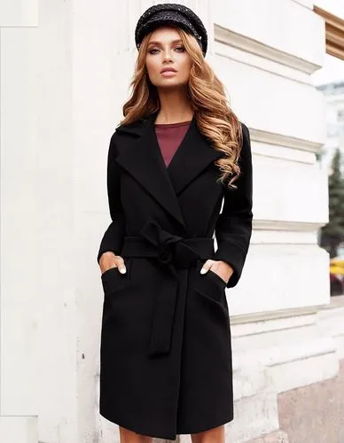 Women's Fashion Solid Color Tie Coat Woolen Coat